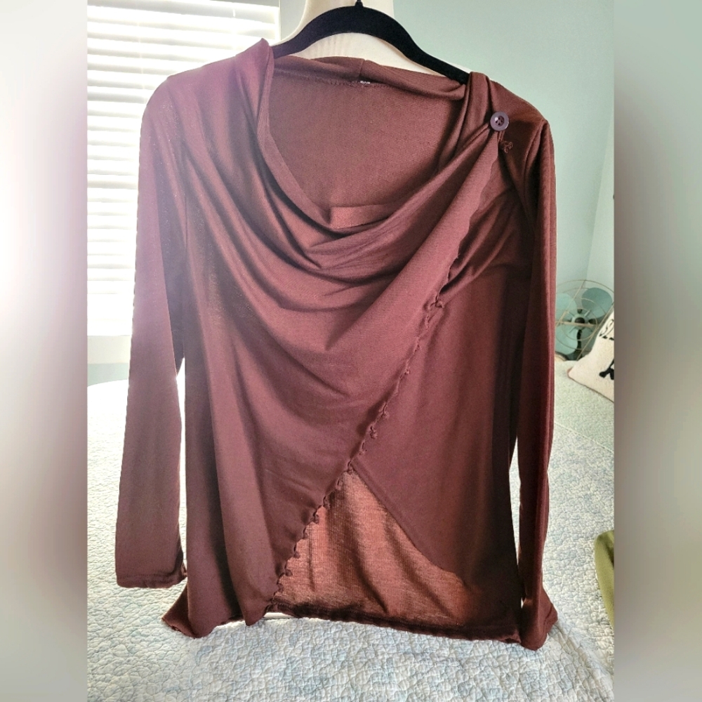 Chocolate Brown long sleeve knotted cardigan-shirt.